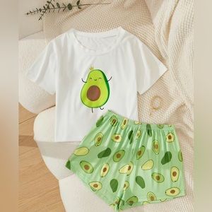 Women’s Pajamas Set 2 Piece Avocado Print Sleepwear Short Sleeve Crop Top Shorts